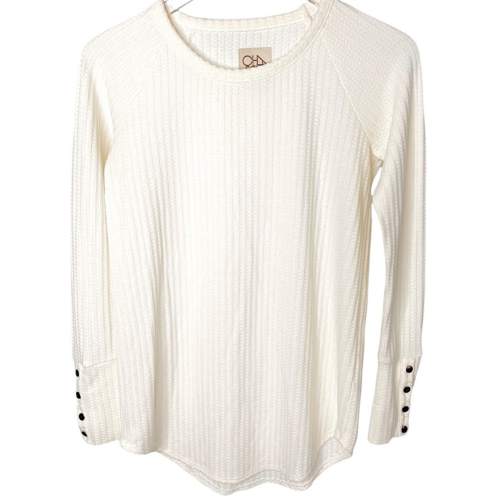 Chaser Long Sleeve Waffle Knit Top Small Cream - Picture 3 of 11